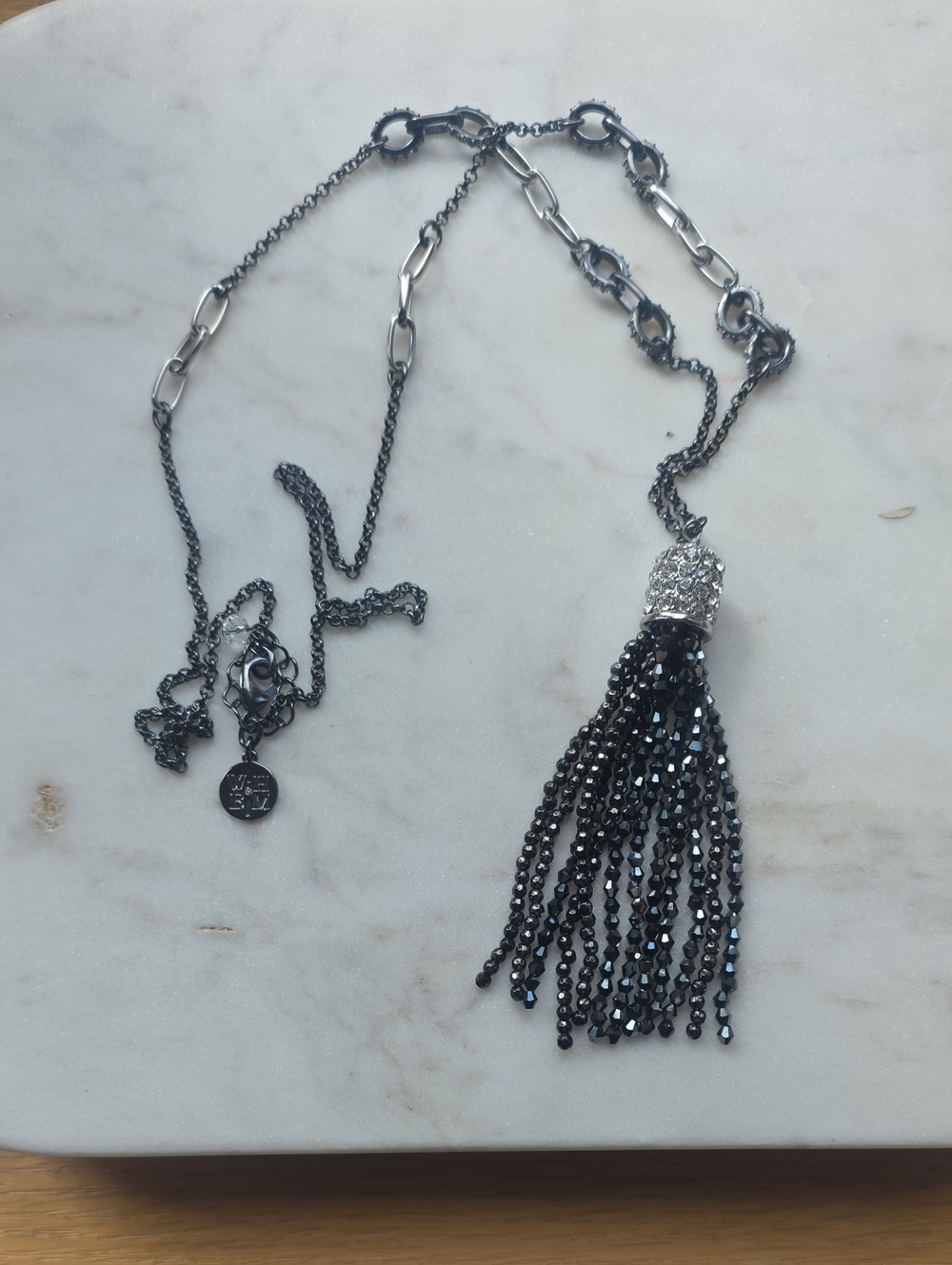 White House Black Market Gunmetal Black Crystal Tassel Pendant Necklace WHBM